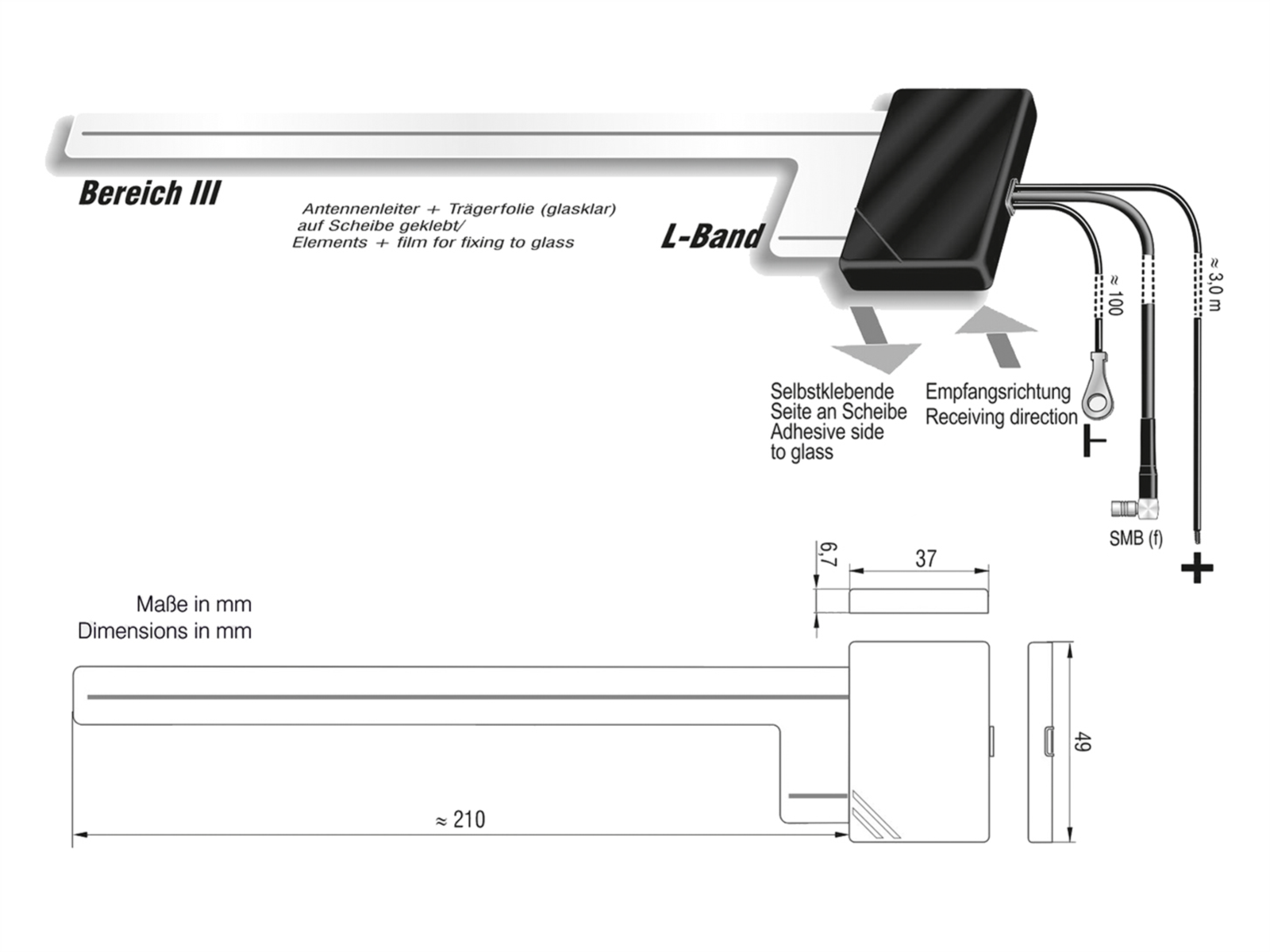 Glasklebeantenne DAB+ SMB(f) 90° 12V extern