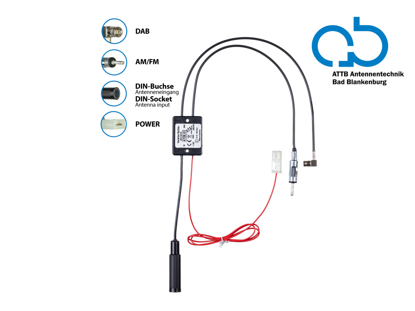 Antennensplitter AM/FM DAB+ DIN(f)>DIN(m)/SMB(f) verstärkt